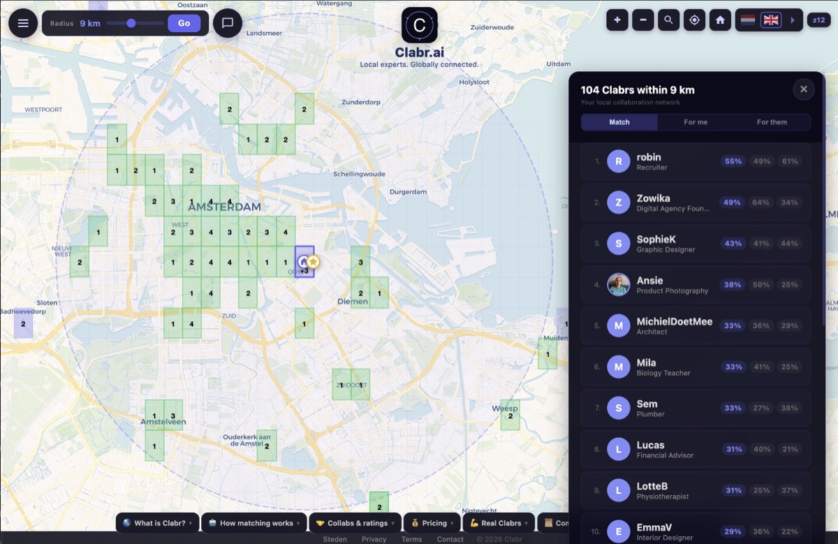 Clabr kaart met lokale experts en freelancers in Amsterdam